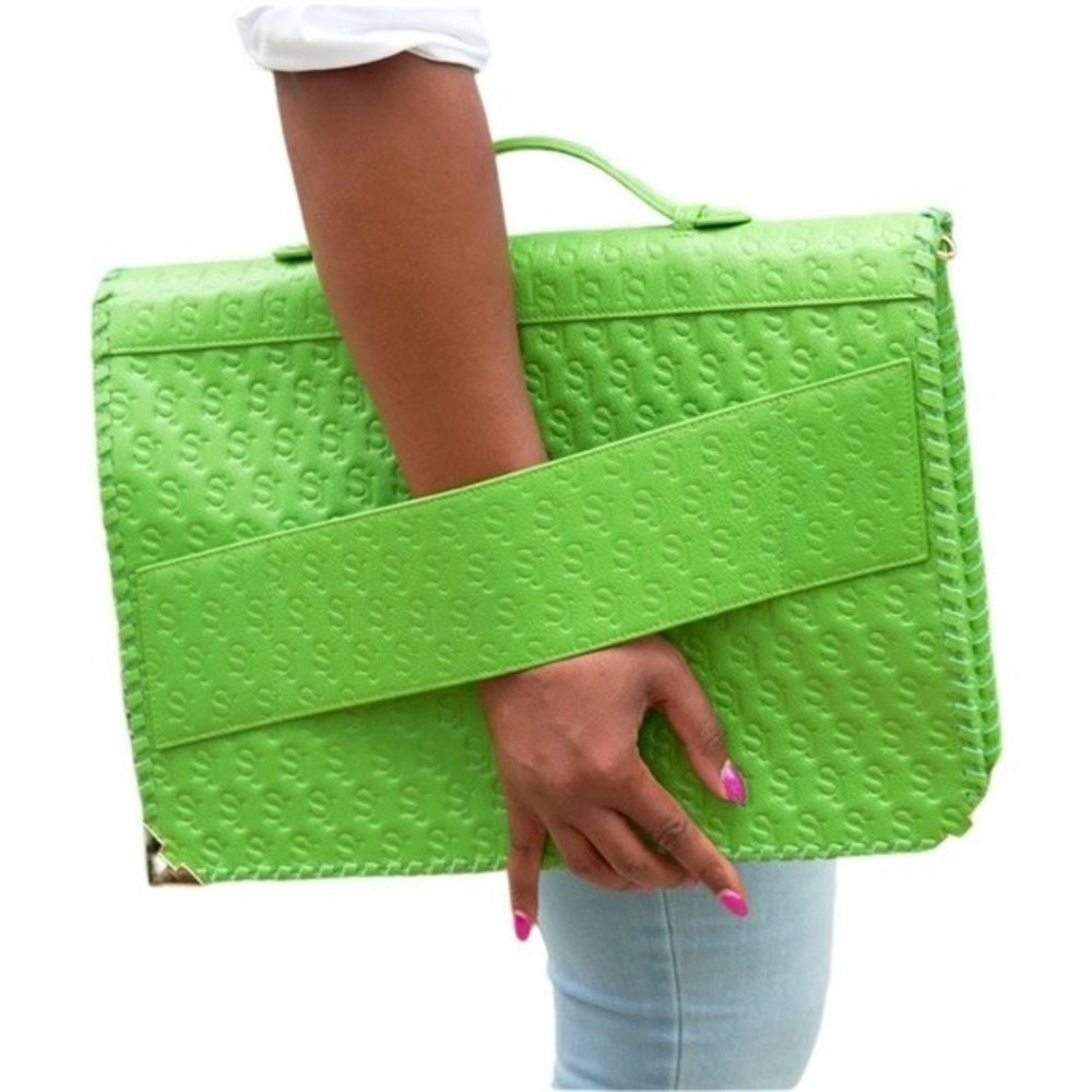Sassy Jones Neo Green Embossed Leather Laptop Case Oversized Envelope Clutch NEW - Picture 9 of 9